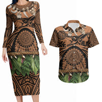 Polynesia Maui Tattoo Inspired Couples Matching Long Sleeve Bodycon Dress and Hawaiian Shirt Tropical Leaf Skirt Costume