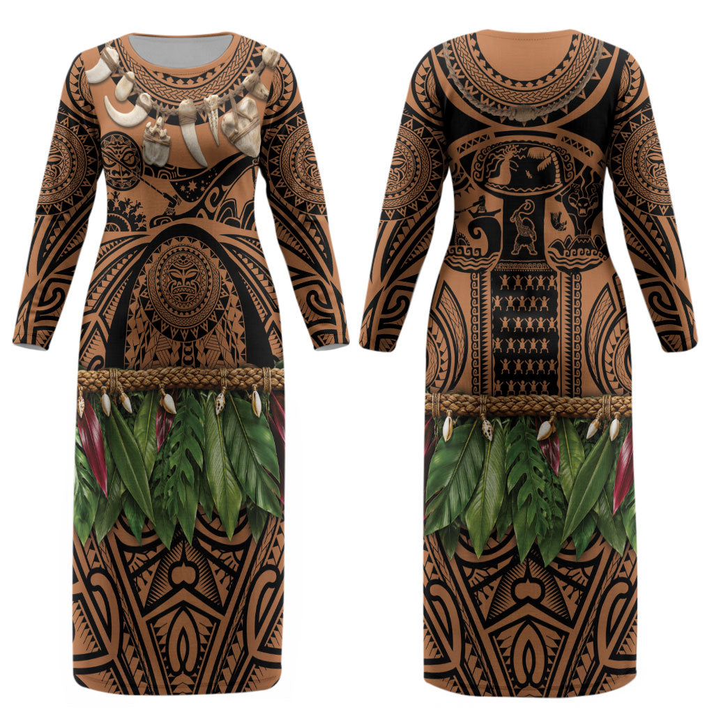 Polynesia Maui Tattoo Inspired Couples Matching Long Sleeve Bodycon Dress and Hawaiian Shirt Tropical Leaf Skirt Costume