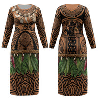 Polynesia Maui Tattoo Inspired Couples Matching Long Sleeve Bodycon Dress and Hawaiian Shirt Tropical Leaf Skirt Costume