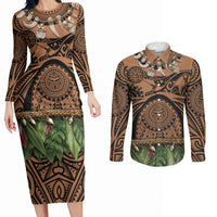Polynesia Maui Tattoo Inspired Couples Matching Long Sleeve Bodycon Dress and Long Sleeve Button Shirt Tropical Leaf Skirt Costume