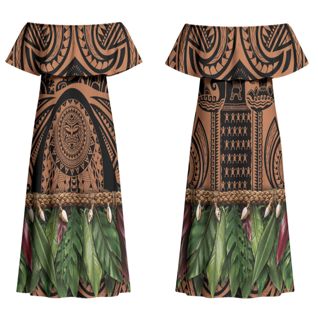 Polynesia Maui Tattoo Inspired Couples Matching Off Shoulder Maxi Dress and Hawaiian Shirt Tropical Leaf Skirt Costume
