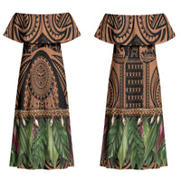 Polynesia Maui Tattoo Inspired Couples Matching Off Shoulder Maxi Dress and Hawaiian Shirt Tropical Leaf Skirt Costume