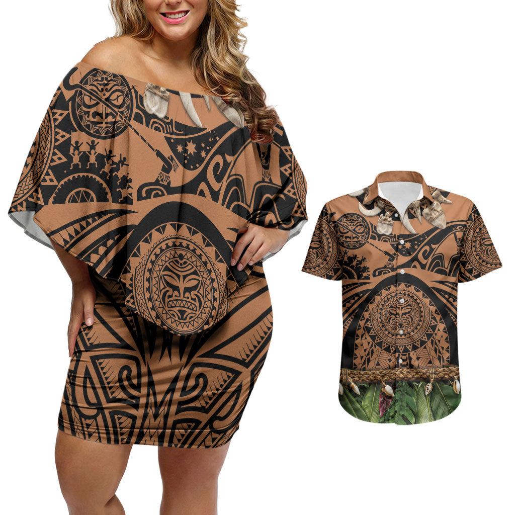 Polynesia Maui Tattoo Inspired Couples Matching Off Shoulder Short Dress and Hawaiian Shirt Tropical Leaf Skirt Costume
