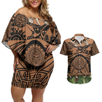 Polynesia Maui Tattoo Inspired Couples Matching Off Shoulder Short Dress and Hawaiian Shirt Tropical Leaf Skirt Costume
