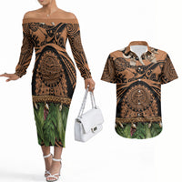 Polynesia Maui Tattoo Inspired Couples Matching Off The Shoulder Long Sleeve Dress and Hawaiian Shirt Tropical Leaf Skirt Costume