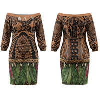 Polynesia Maui Tattoo Inspired Couples Matching Off The Shoulder Long Sleeve Dress and Hawaiian Shirt Tropical Leaf Skirt Costume
