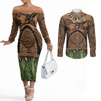 Polynesia Maui Tattoo Inspired Couples Matching Off The Shoulder Long Sleeve Dress and Long Sleeve Button Shirt Tropical Leaf Skirt Costume