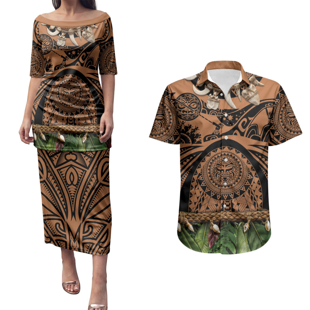 Polynesia Maui Tattoo Inspired Couples Matching Puletasi and Hawaiian Shirt Tropical Leaf Skirt Costume