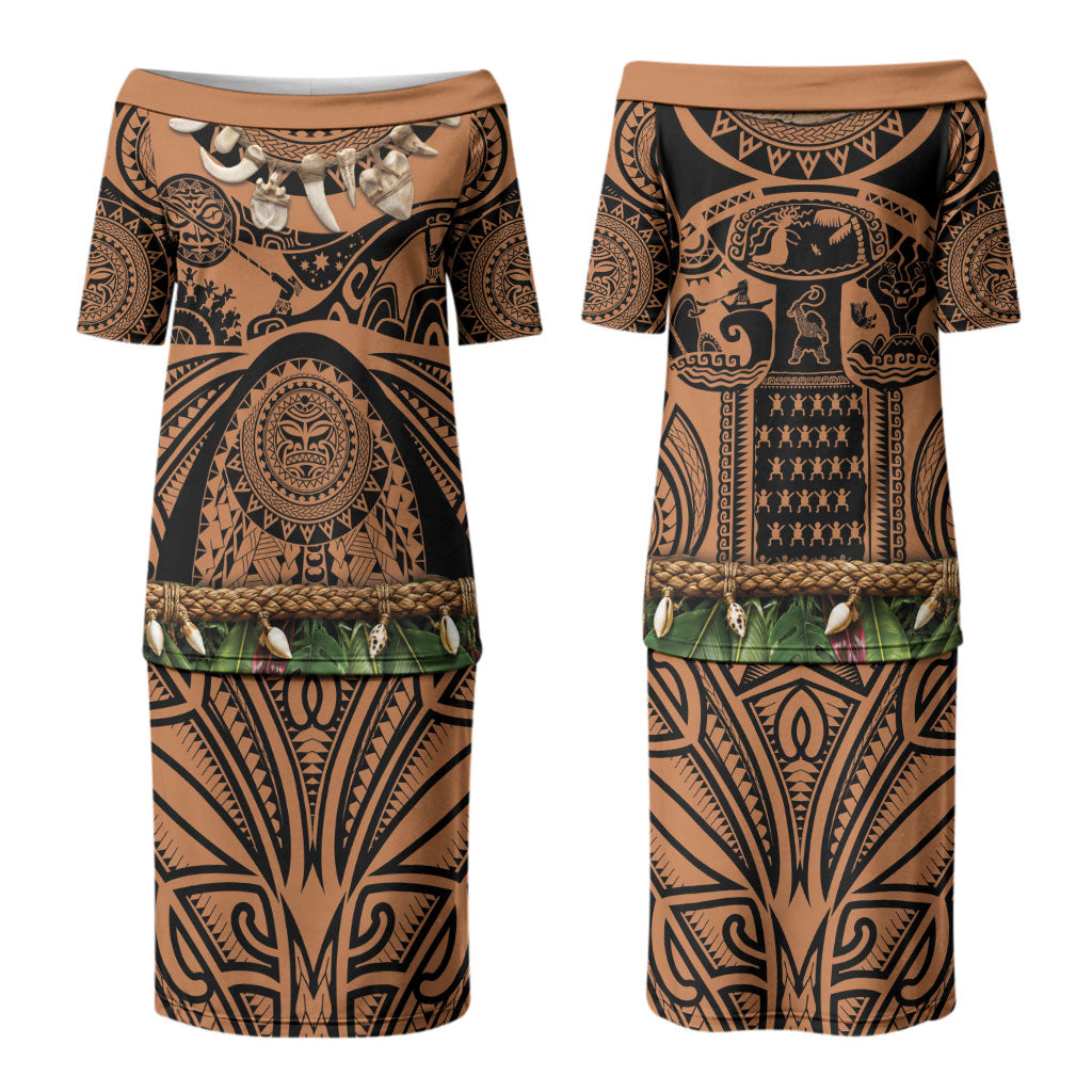 Polynesia Maui Tattoo Inspired Couples Matching Puletasi and Hawaiian Shirt Tropical Leaf Skirt Costume