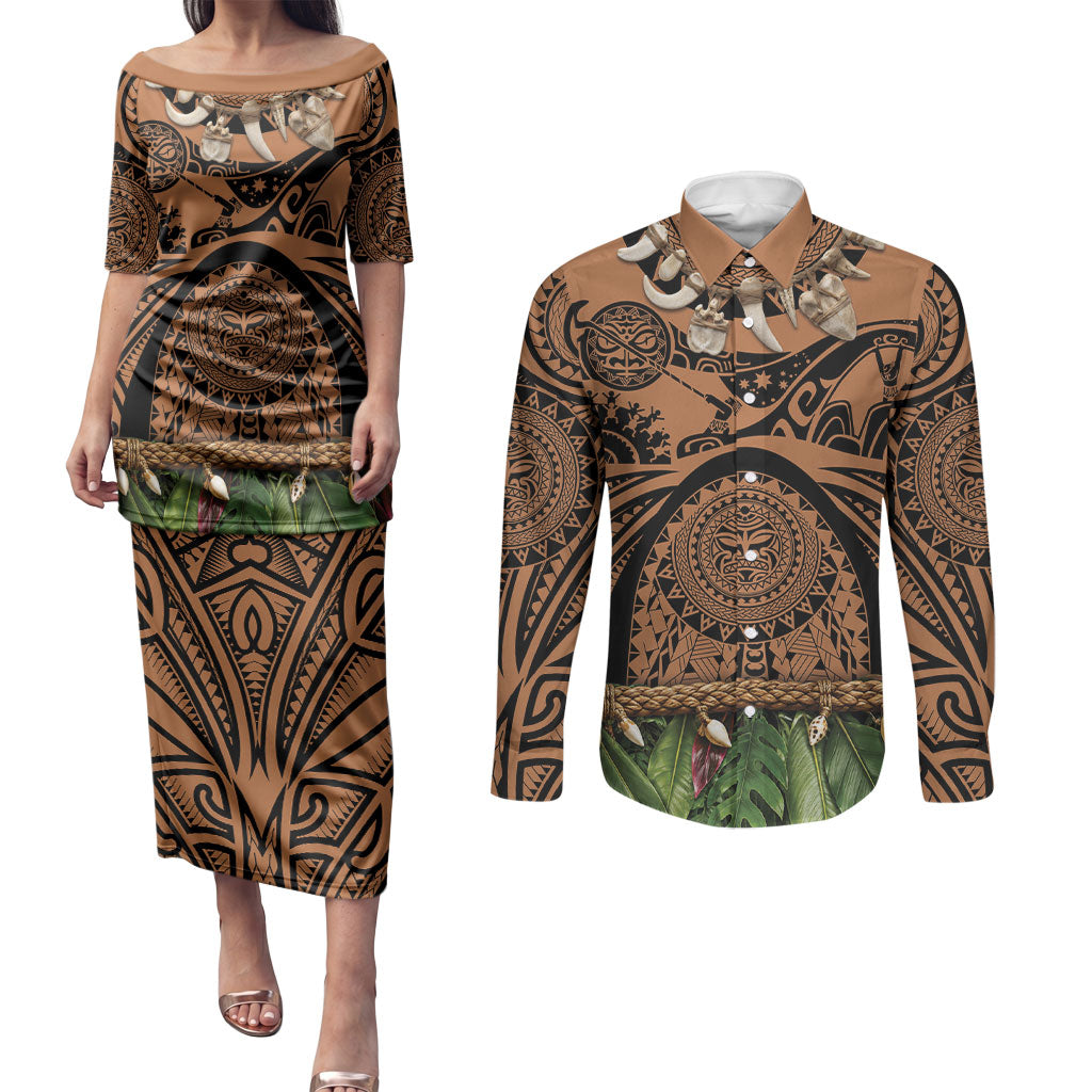 Polynesia Maui Tattoo Inspired Couples Matching Puletasi and Long Sleeve Button Shirt Tropical Leaf Skirt Costume