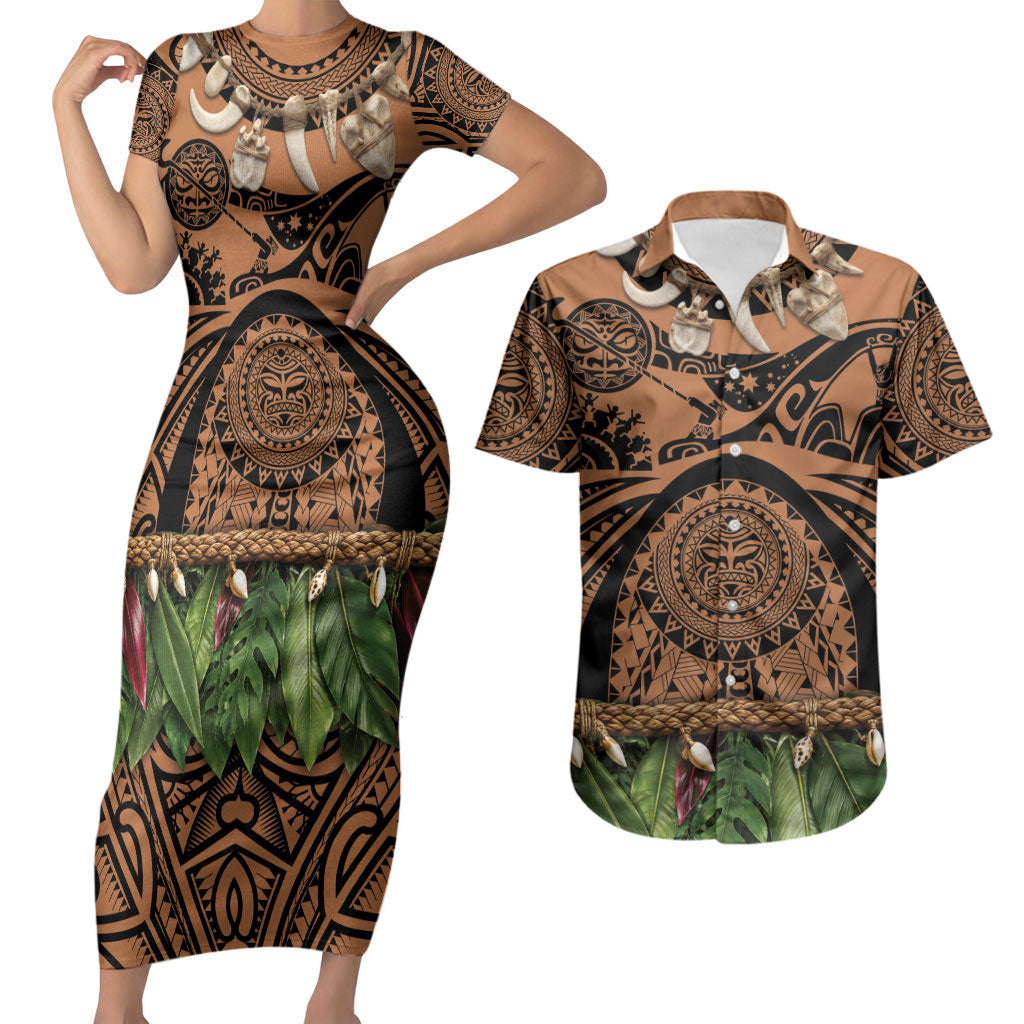 Polynesia Maui Tattoo Inspired Couples Matching Short Sleeve Bodycon Dress and Hawaiian Shirt Tropical Leaf Skirt Costume