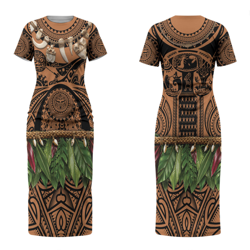 Polynesia Maui Tattoo Inspired Couples Matching Short Sleeve Bodycon Dress and Hawaiian Shirt Tropical Leaf Skirt Costume