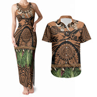 Polynesia Maui Tattoo Inspired Couples Matching Tank Maxi Dress and Hawaiian Shirt Tropical Leaf Skirt Costume