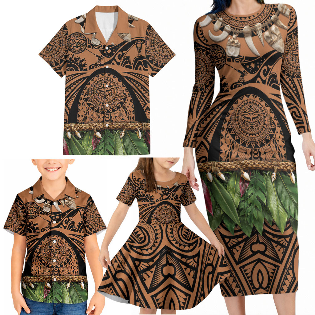 Polynesia Maui Tattoo Inspired Family Matching Long Sleeve Bodycon Dress and Hawaiian Shirt Tropical Leaf Skirt Costume