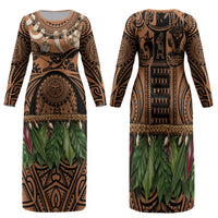 Polynesia Maui Tattoo Inspired Family Matching Long Sleeve Bodycon Dress and Hawaiian Shirt Tropical Leaf Skirt Costume