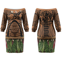 Polynesia Maui Tattoo Inspired Family Matching Off The Shoulder Long Sleeve Dress and Hawaiian Shirt Tropical Leaf Skirt Costume