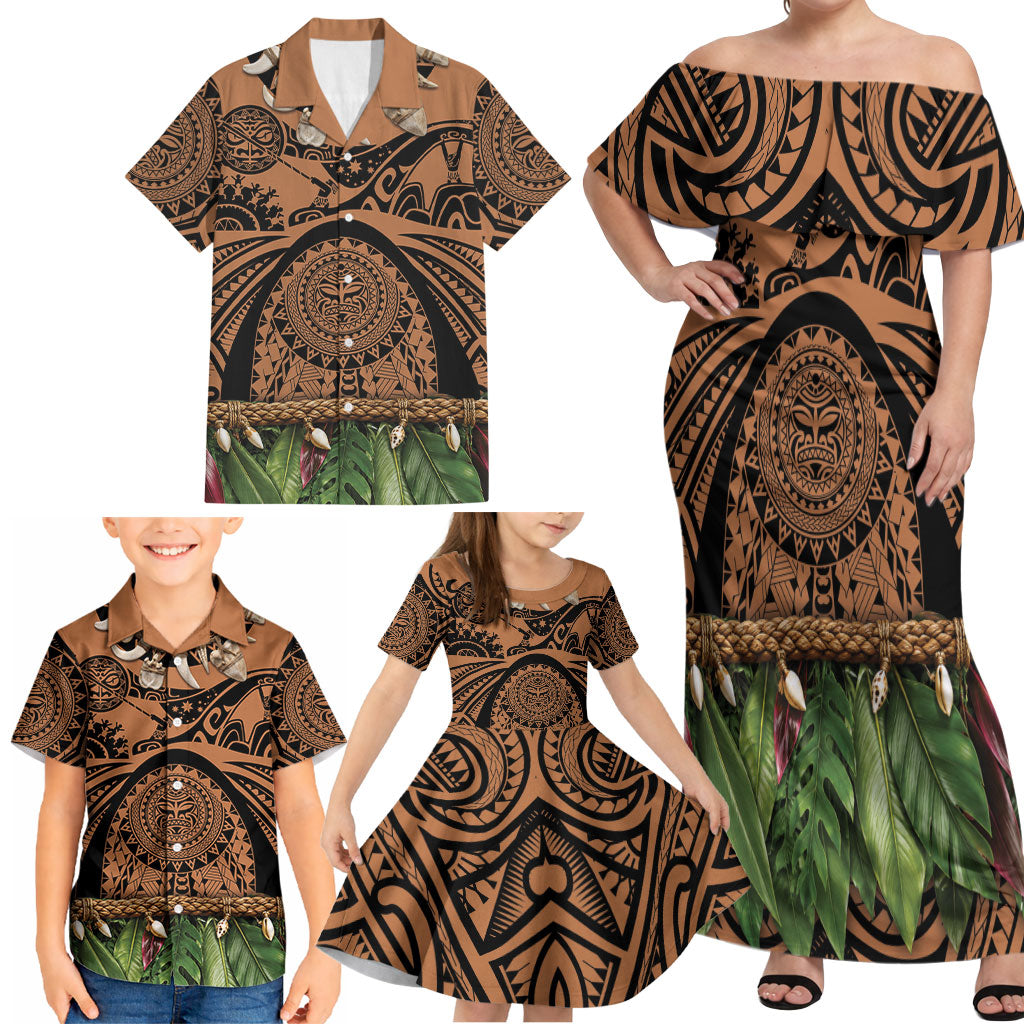 Polynesia Maui Tattoo Inspired Family Matching Off Shoulder Maxi Dress and Hawaiian Shirt Tropical Leaf Skirt Costume