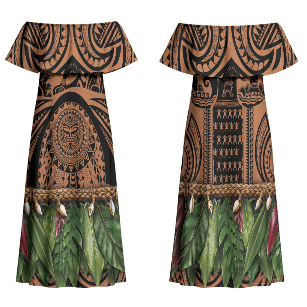 Polynesia Maui Tattoo Inspired Family Matching Off Shoulder Maxi Dress and Hawaiian Shirt Tropical Leaf Skirt Costume