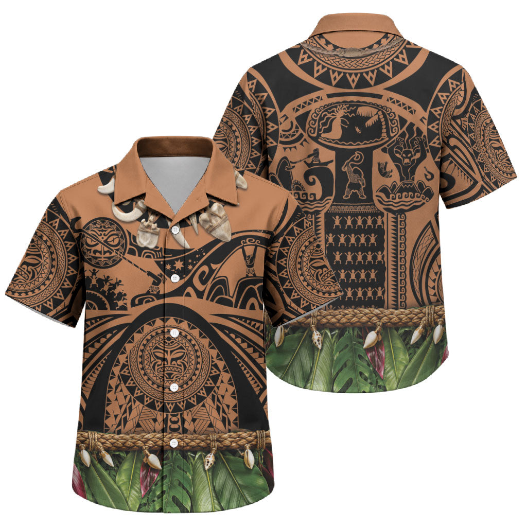 Polynesia Maui Tattoo Inspired Family Matching Off Shoulder Maxi Dress and Hawaiian Shirt Tropical Leaf Skirt Costume
