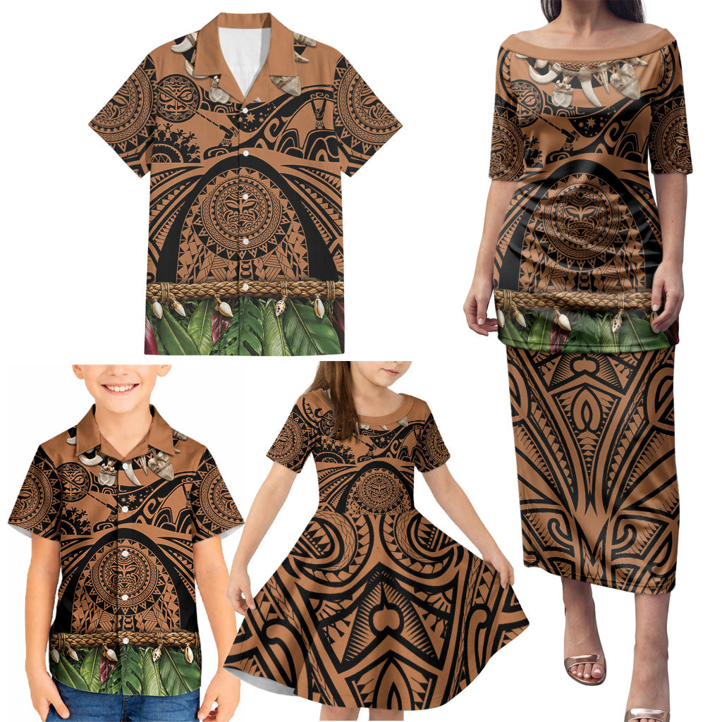 Polynesia Maui Tattoo Inspired Family Matching Puletasi and Hawaiian Shirt Tropical Leaf Skirt Costume