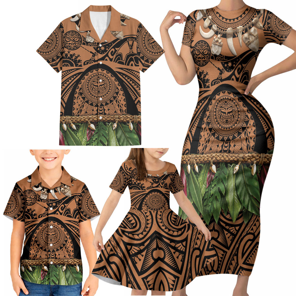 Polynesia Maui Tattoo Inspired Family Matching Short Sleeve Bodycon Dress and Hawaiian Shirt Tropical Leaf Skirt Costume