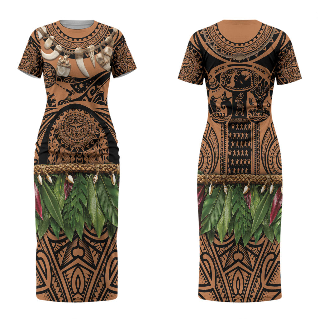 Polynesia Maui Tattoo Inspired Family Matching Short Sleeve Bodycon Dress and Hawaiian Shirt Tropical Leaf Skirt Costume