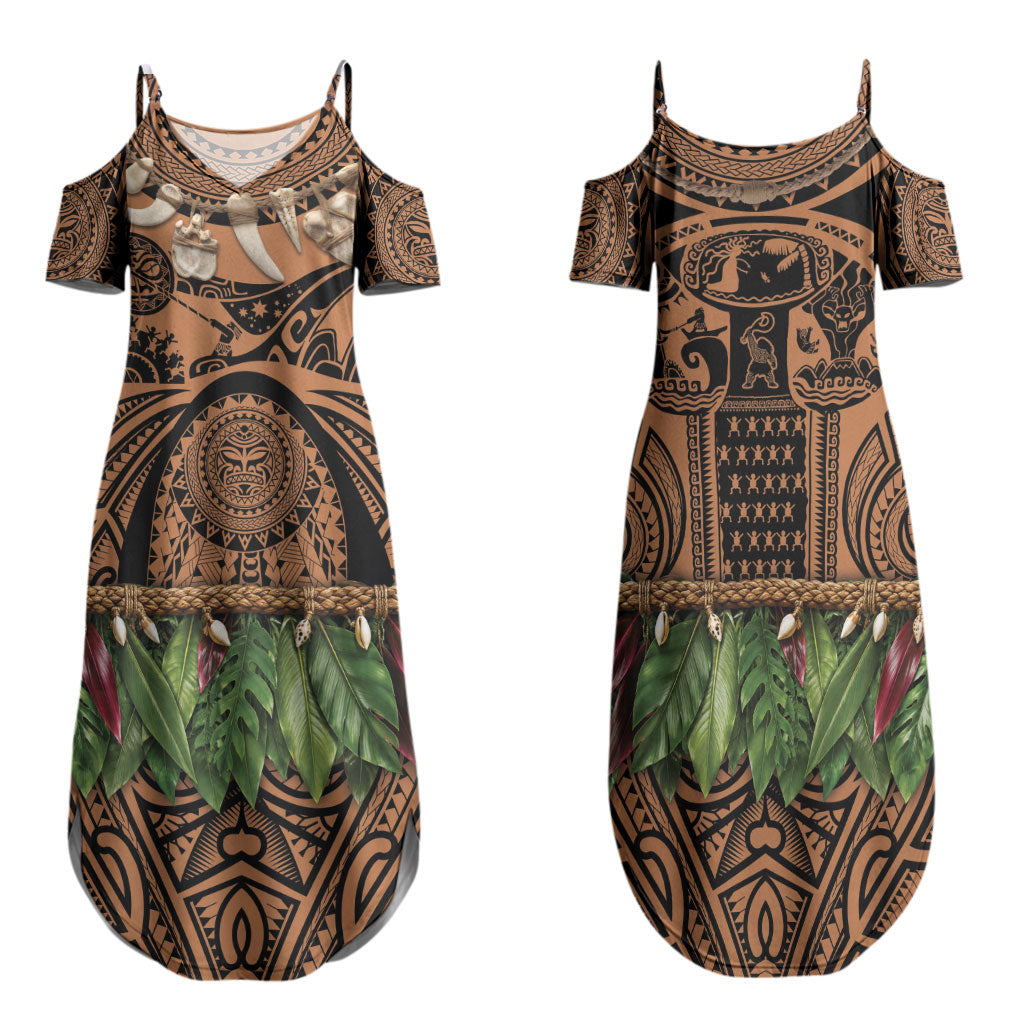 Polynesia Maui Tattoo Inspired Family Matching Summer Maxi Dress and Hawaiian Shirt Tropical Leaf Skirt Costume