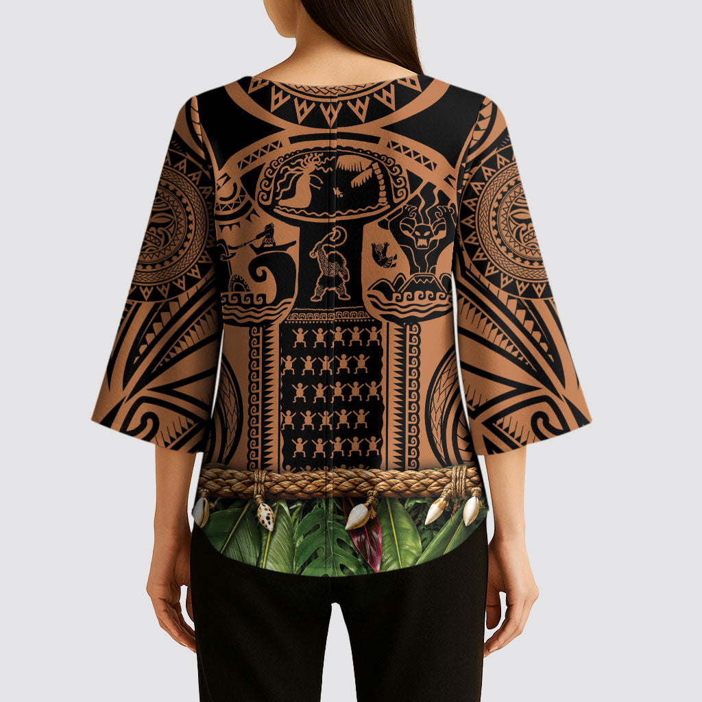 Polynesia Maui Tattoo Inspired Kimono Sleeve Blouse Tropical Leaf Skirt Costume