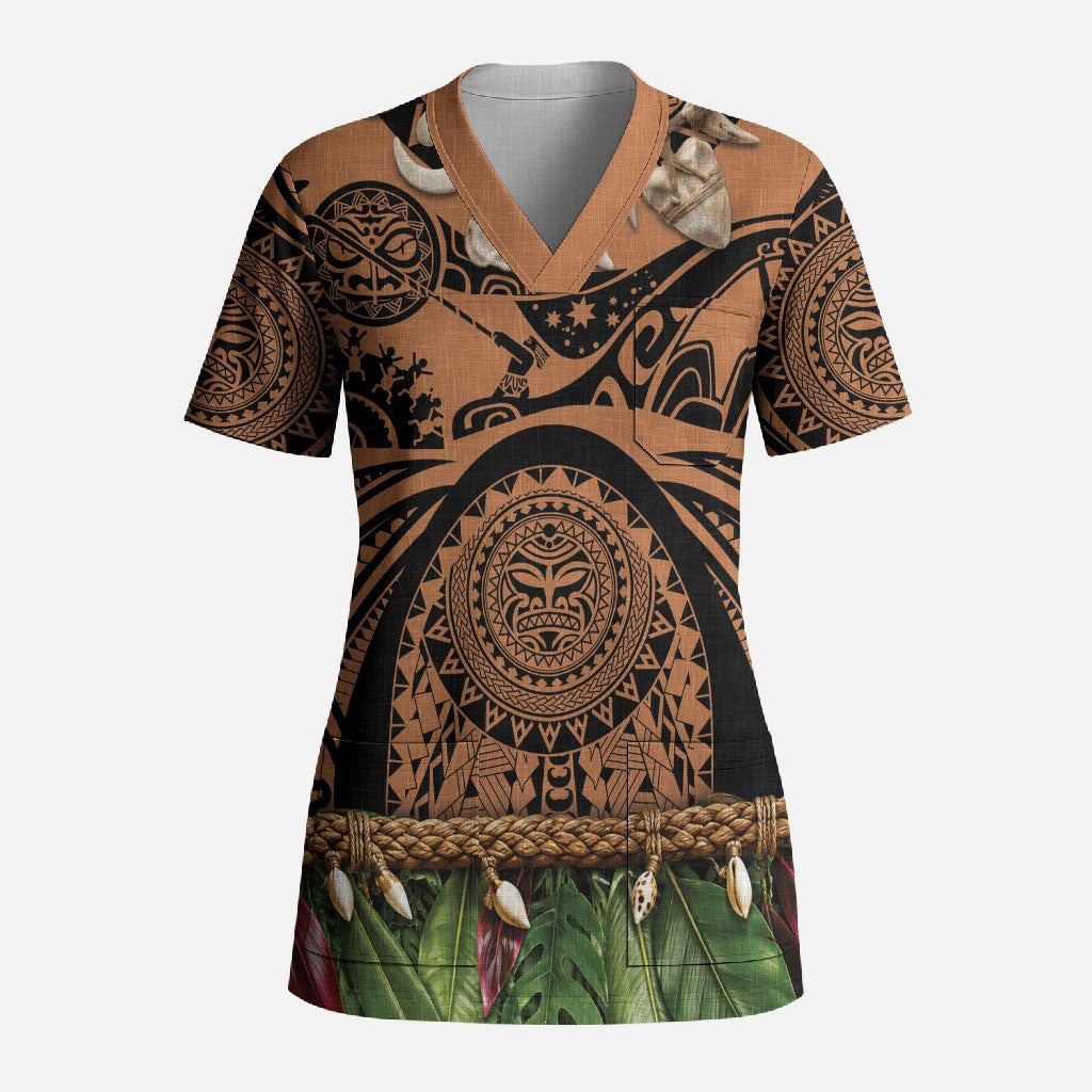 Polynesia Maui Tattoo Inspired Scrub Top Tropical Leaf Skirt Costume