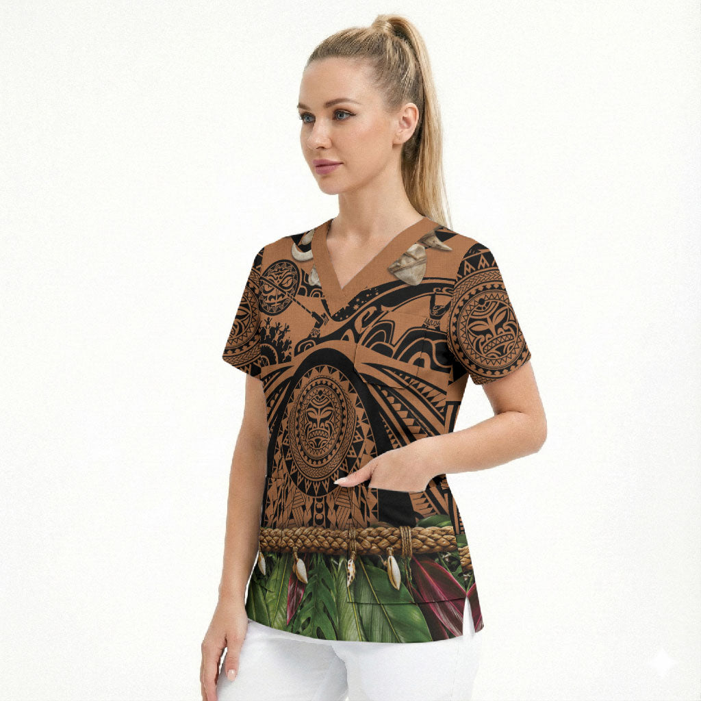 Polynesia Maui Tattoo Inspired Scrub Top Tropical Leaf Skirt Costume