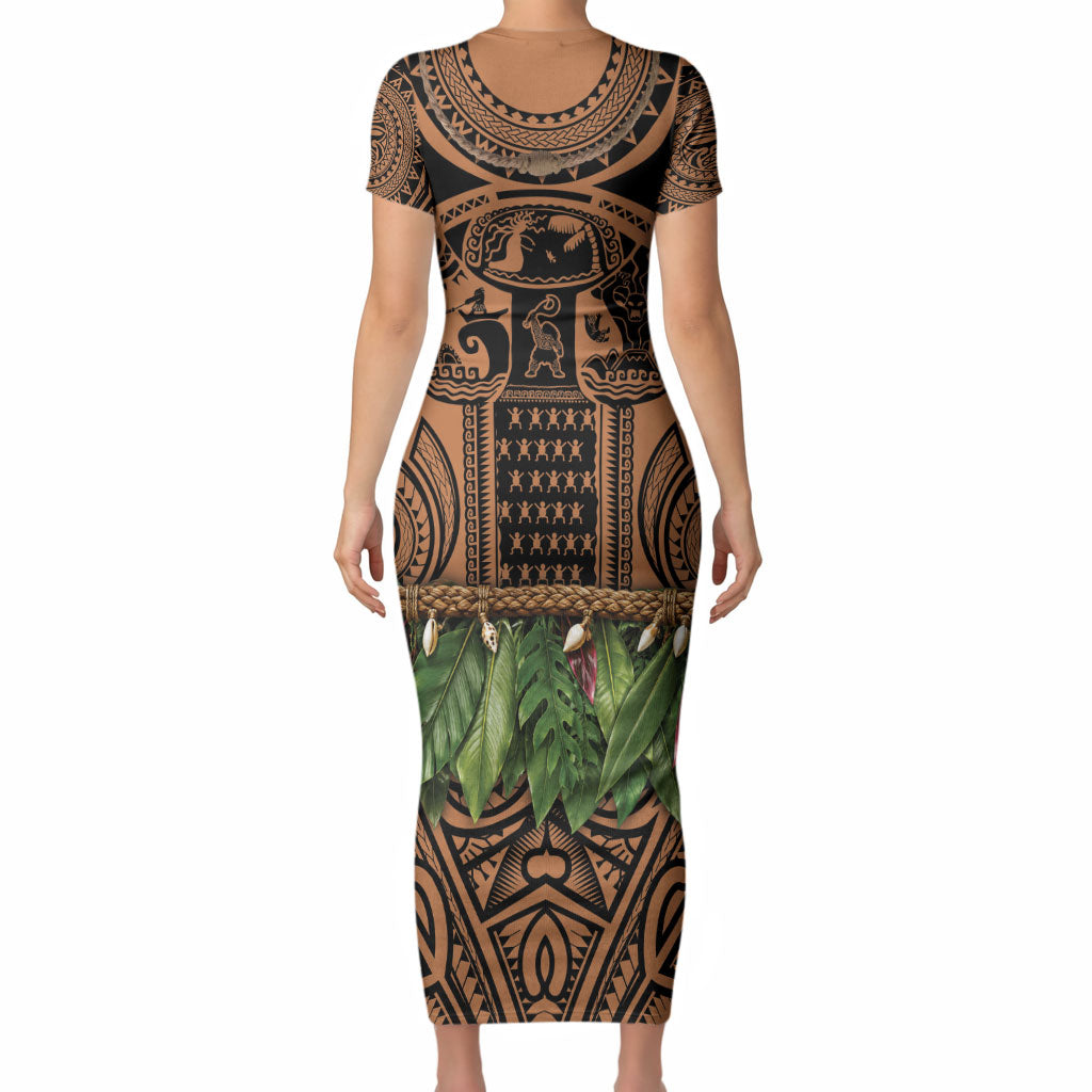 Polynesia Maui Tattoo Inspired Short Sleeve Bodycon Dress Tropical Leaf Skirt Costume