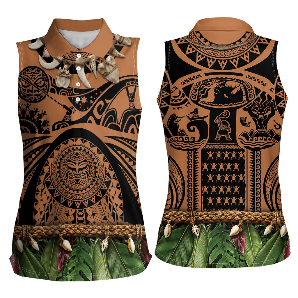 Polynesia Maui Tattoo Inspired Women Sleeveless Polo Shirt Tropical Leaf Skirt Costume