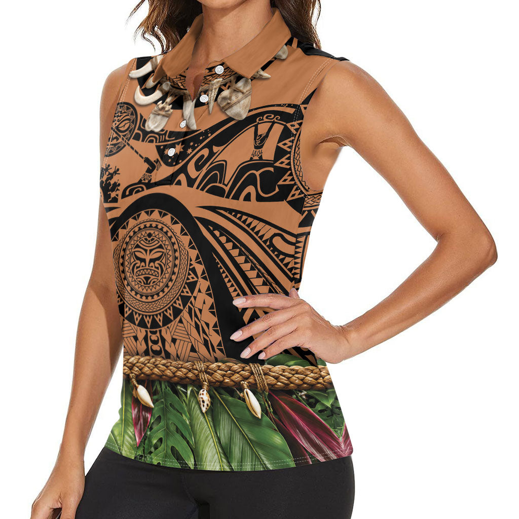 Polynesia Maui Tattoo Inspired Women Sleeveless Polo Shirt Tropical Leaf Skirt Costume