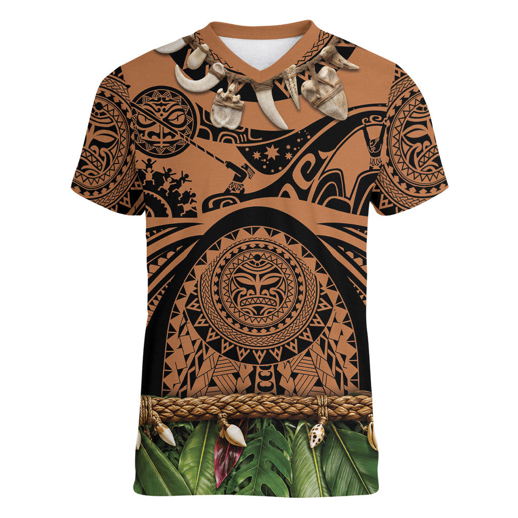 Polynesia Maui Tattoo Inspired Women V-Neck T-Shirt Tropical Leaf Skirt Costume