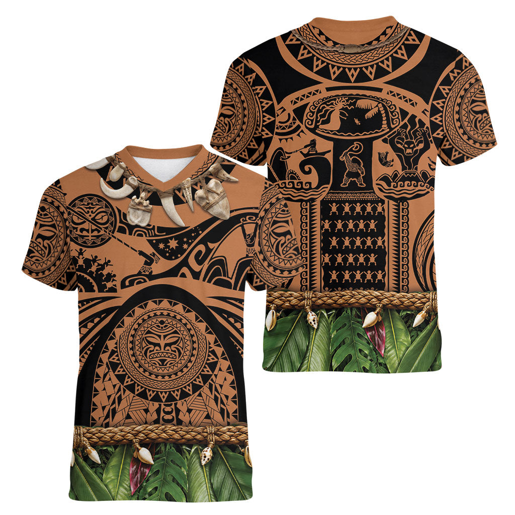 Polynesia Maui Tattoo Inspired Women V-Neck T-Shirt Tropical Leaf Skirt Costume