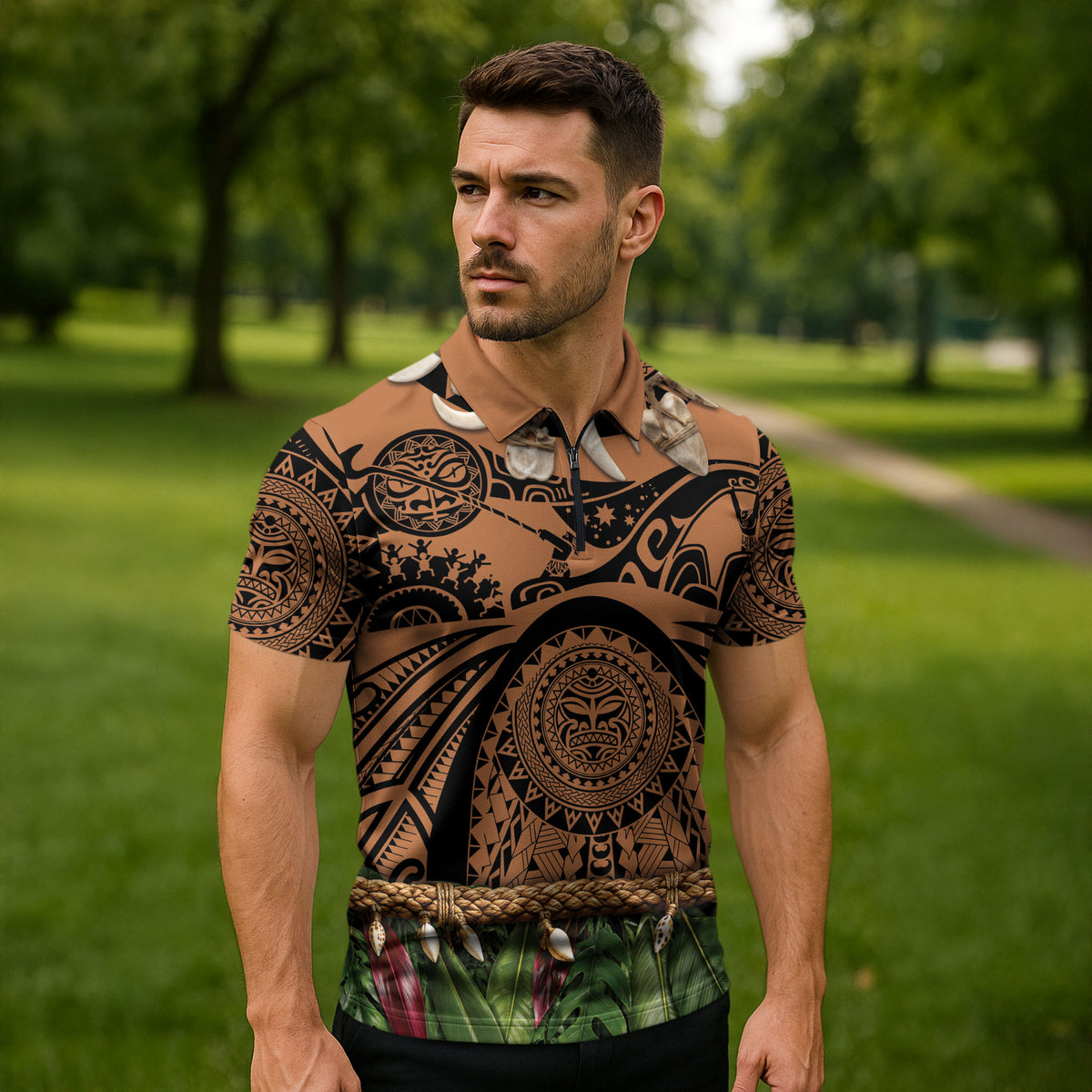 Polynesia Maui Tattoo Inspired Zipper Polo Shirt Tropical Leaf Skirt Costume