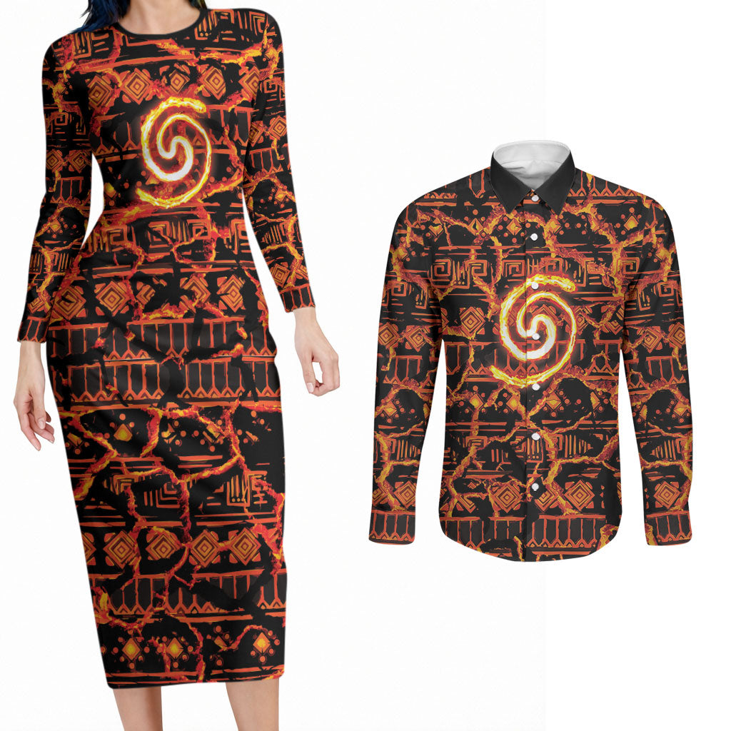 Polynesia Lava Monster Cosplay Couples Matching Long Sleeve Bodycon Dress and Long Sleeve Button Shirt Fiery Glowing Volcano Crack Pattern