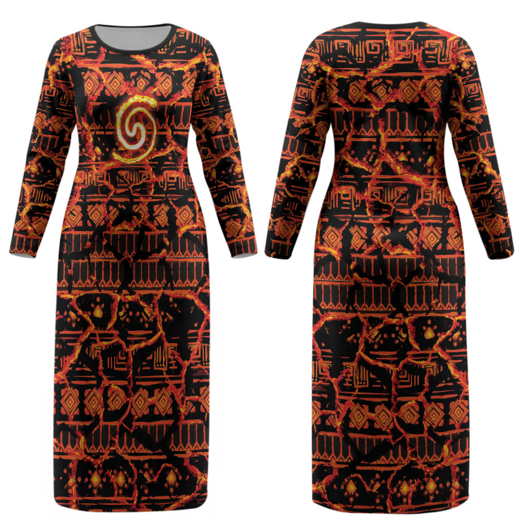 Polynesia Lava Monster Cosplay Couples Matching Long Sleeve Bodycon Dress and Long Sleeve Button Shirt Fiery Glowing Volcano Crack Pattern