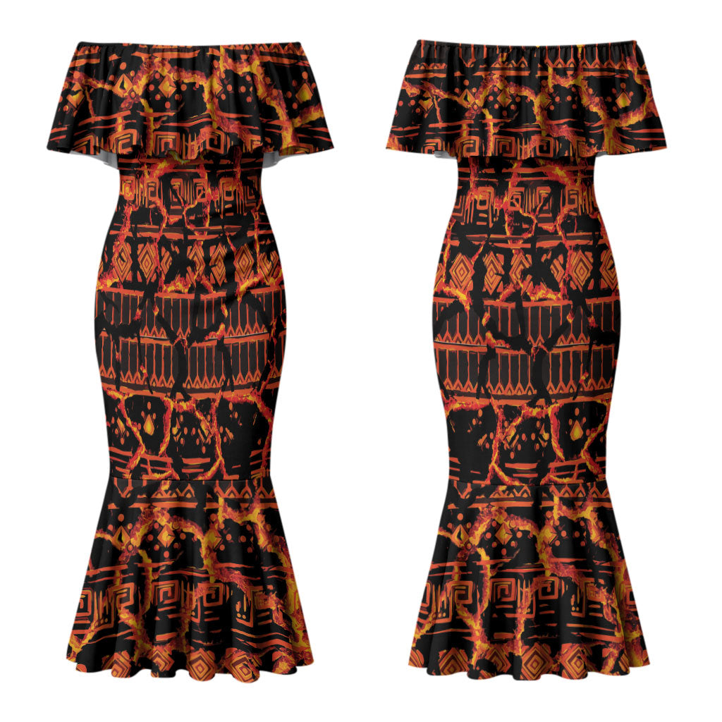 Polynesia Lava Monster Cosplay Couples Matching Mermaid Dress and Hawaiian Shirt Fiery Glowing Volcano Crack Pattern