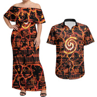 Polynesia Lava Monster Cosplay Couples Matching Off Shoulder Maxi Dress and Hawaiian Shirt Fiery Glowing Volcano Crack Pattern