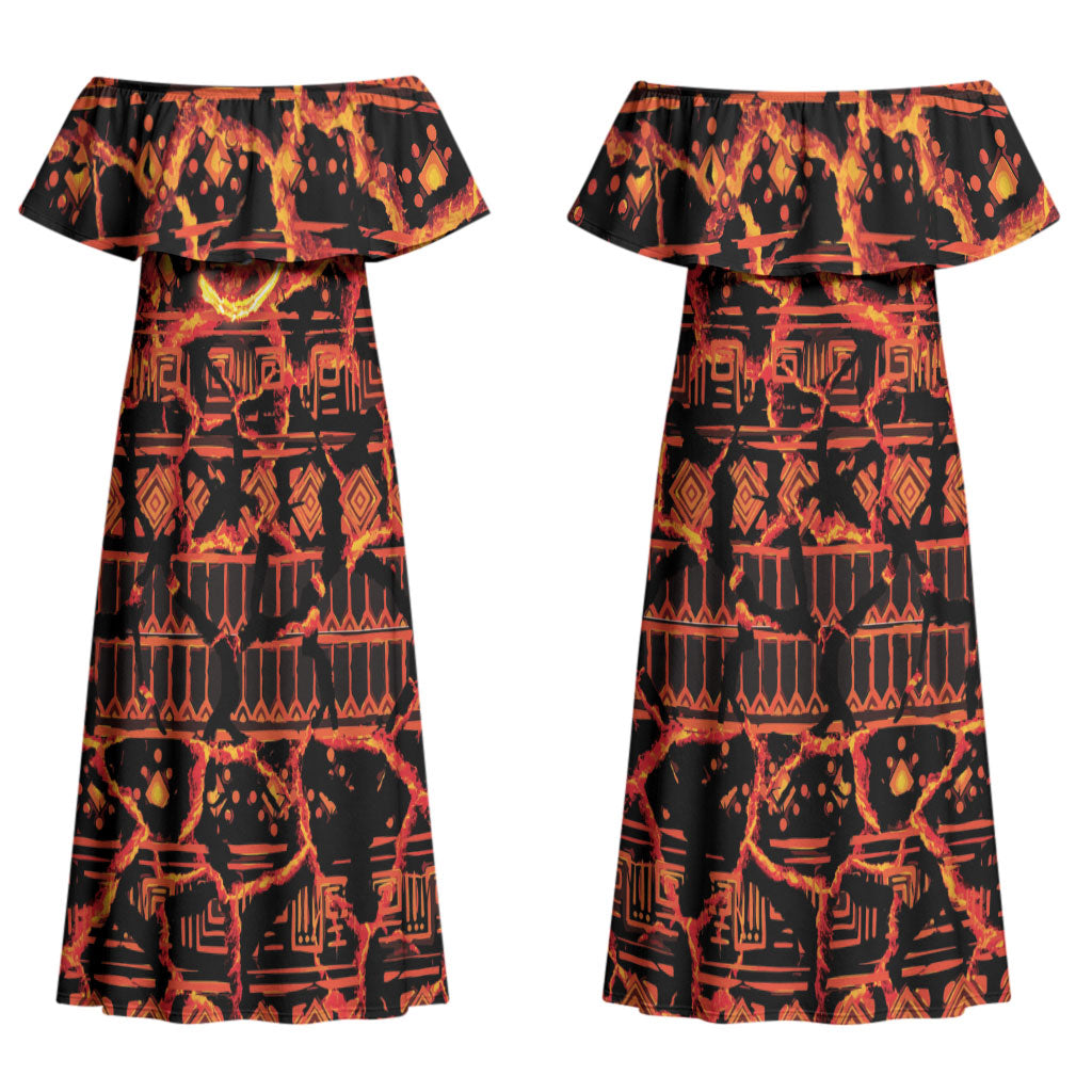 Polynesia Lava Monster Cosplay Couples Matching Off Shoulder Maxi Dress and Hawaiian Shirt Fiery Glowing Volcano Crack Pattern