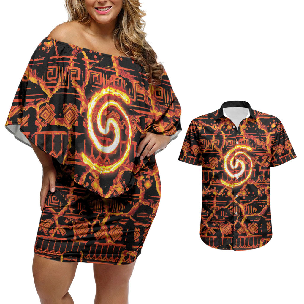 Polynesia Lava Monster Cosplay Couples Matching Off Shoulder Short Dress and Hawaiian Shirt Fiery Glowing Volcano Crack Pattern