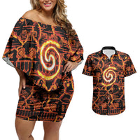 Polynesia Lava Monster Cosplay Couples Matching Off Shoulder Short Dress and Hawaiian Shirt Fiery Glowing Volcano Crack Pattern