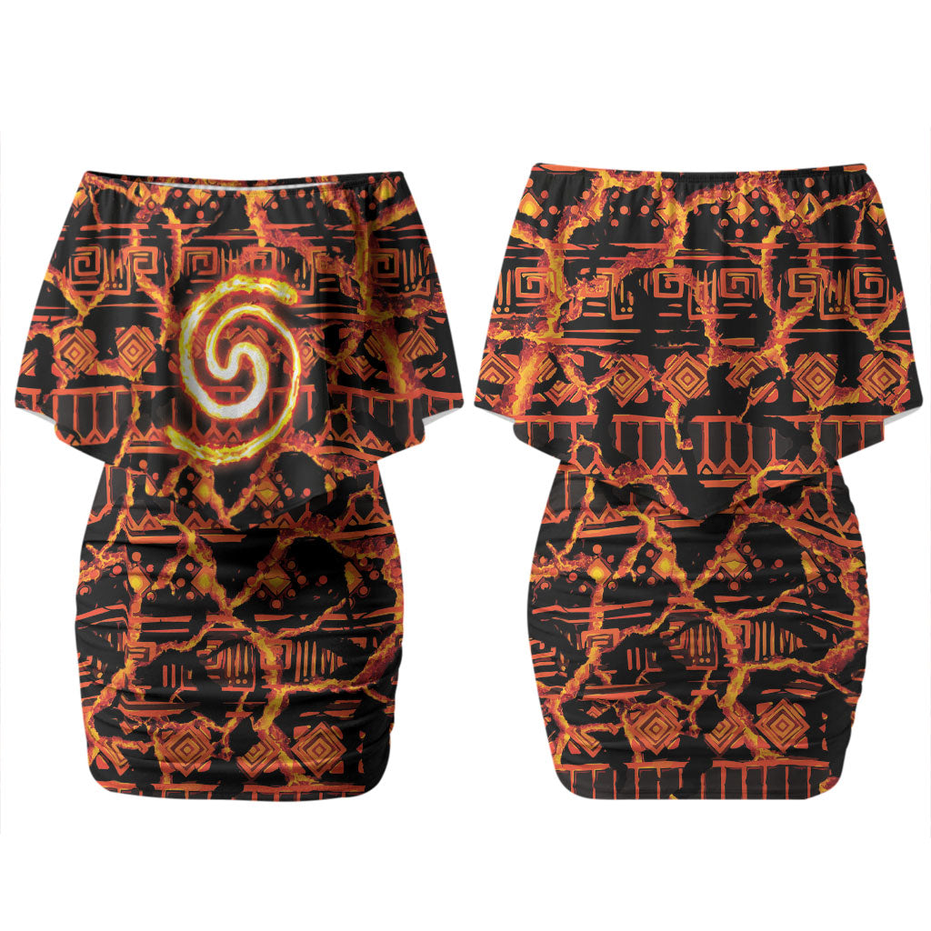 Polynesia Lava Monster Cosplay Couples Matching Off Shoulder Short Dress and Hawaiian Shirt Fiery Glowing Volcano Crack Pattern