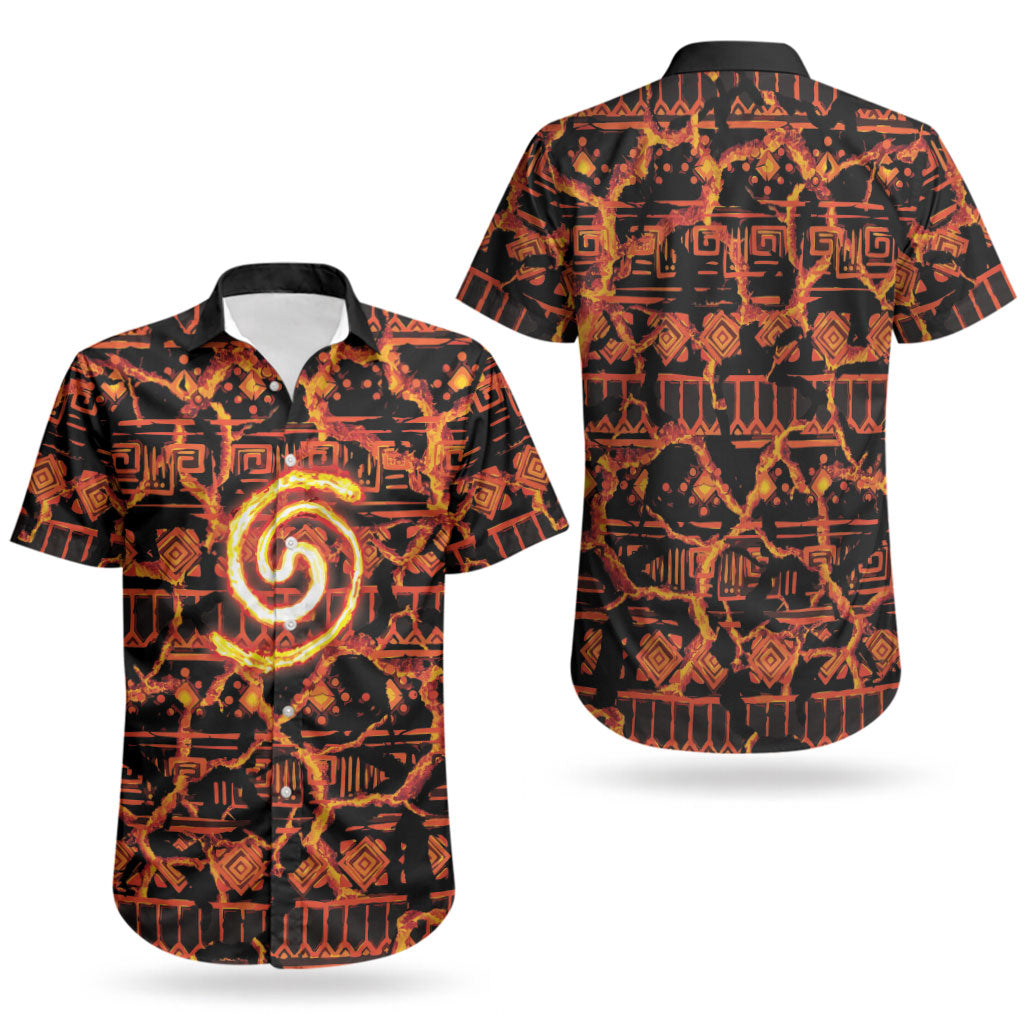 Polynesia Lava Monster Cosplay Couples Matching Off Shoulder Short Dress and Hawaiian Shirt Fiery Glowing Volcano Crack Pattern