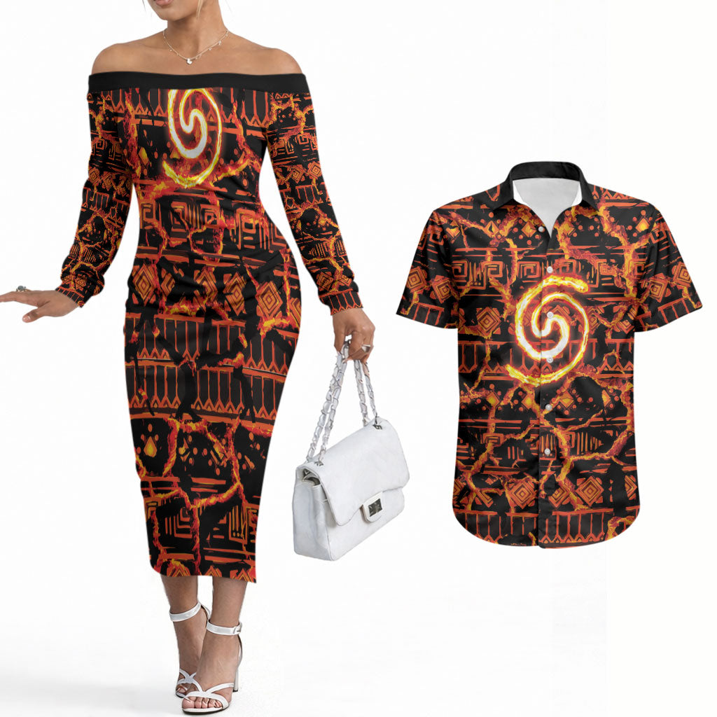 Polynesia Lava Monster Cosplay Couples Matching Off The Shoulder Long Sleeve Dress and Hawaiian Shirt Fiery Glowing Volcano Crack Pattern