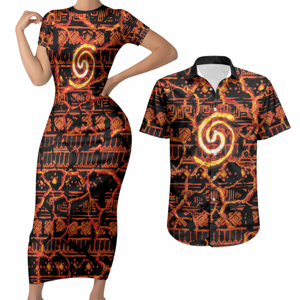 Polynesia Lava Monster Cosplay Couples Matching Short Sleeve Bodycon Dress and Hawaiian Shirt Fiery Glowing Volcano Crack Pattern