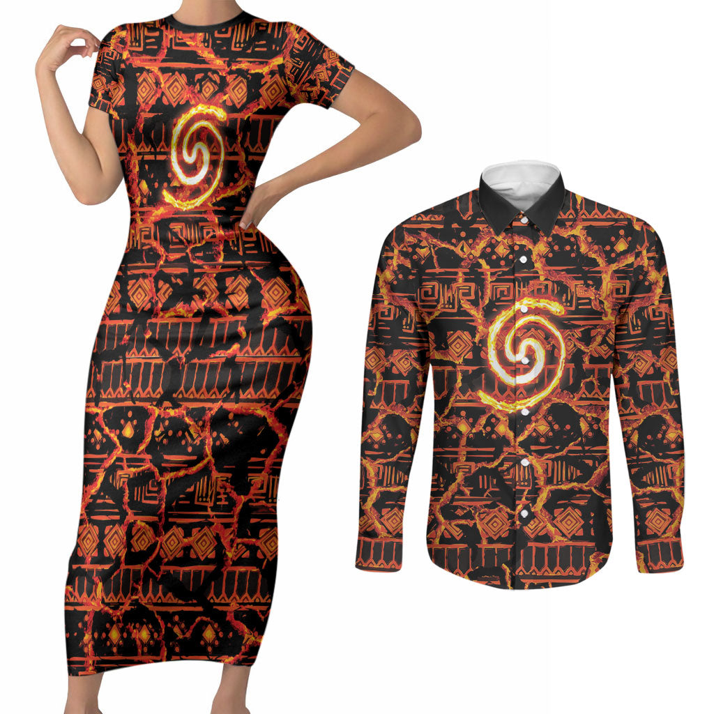 Polynesia Lava Monster Cosplay Couples Matching Short Sleeve Bodycon Dress and Long Sleeve Button Shirt Fiery Glowing Volcano Crack Pattern
