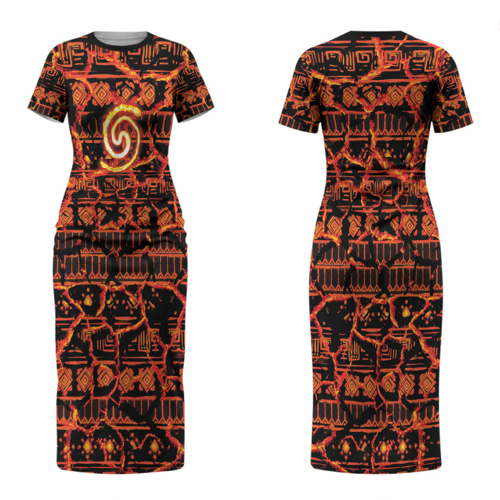 Polynesia Lava Monster Cosplay Couples Matching Short Sleeve Bodycon Dress and Long Sleeve Button Shirt Fiery Glowing Volcano Crack Pattern