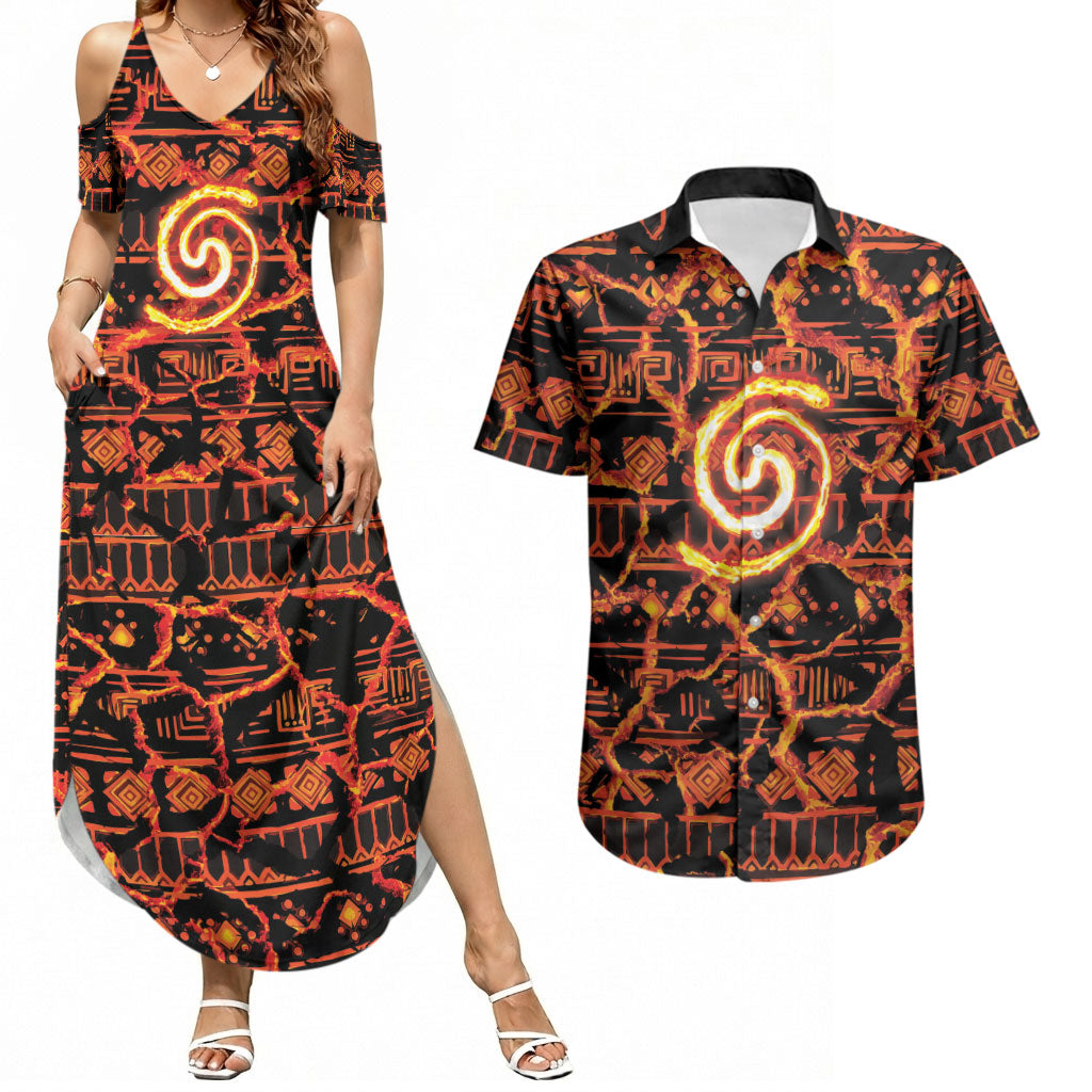 Polynesia Lava Monster Cosplay Couples Matching Summer Maxi Dress and Hawaiian Shirt Fiery Glowing Volcano Crack Pattern